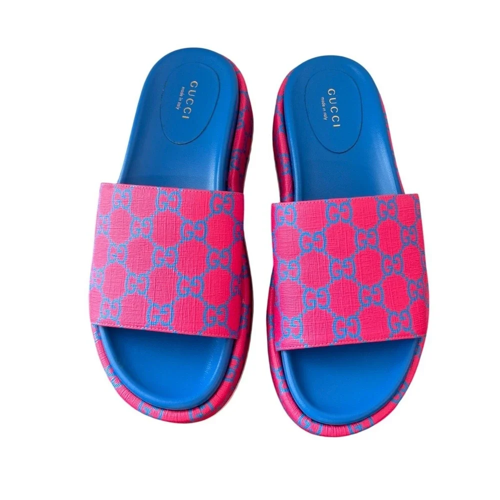 Gucci GG Supreme Angelina Platform Sandals Pink Blue Slides Size‎ 37.5/7.5 US